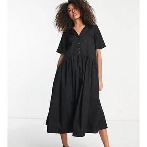 Twill Collared Button Midi Smock Dress